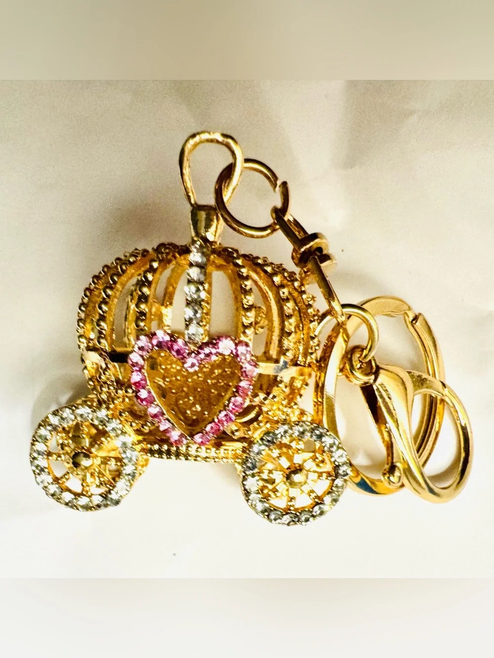 Gold Crown Carriage Charm with Pink Heart Crystals